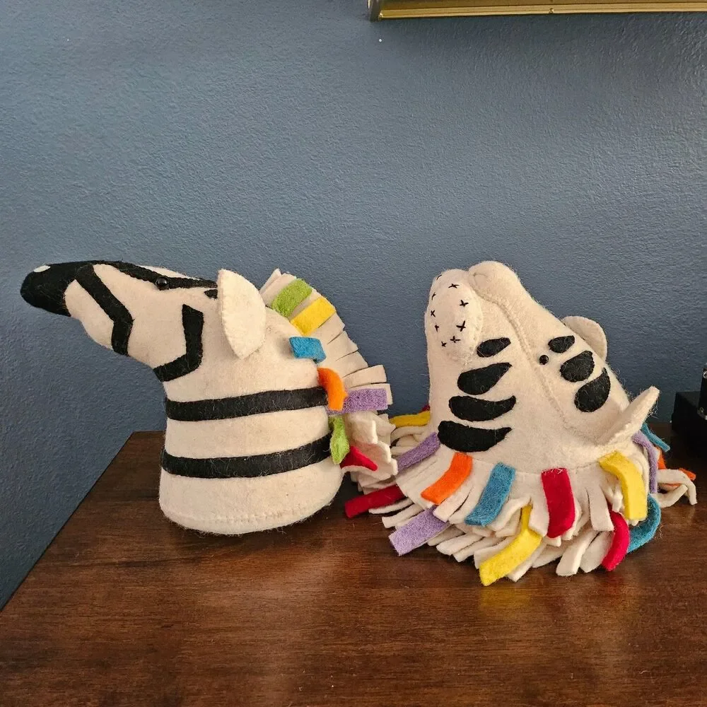 2 Plush Felt Hanging Zebra Tiger Head Wall Mount Kids Room Art African Animals
